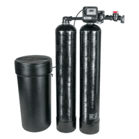 A water softener with a black tank and a bucket.
